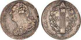 PÉRIODE RÉVOLUTIONNAIRE
2 SOLS type "FRANÇOIS"
1791 AA - TTB 40 (TTB+)
MDC - 2e sem., léger paillage


G 25, R 37, KM# 603
METZ - MDC - 25,31g...