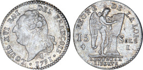 PÉRIODE RÉVOLUTIONNAIRE
15 SOLS type "FRANÇOIS"
1791 I - TTB 45 (TTB++)
1er s., sans point après "liberté"


G 36, R 40, KM# 604
LIMOGES - ARGE...