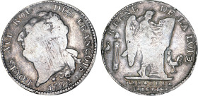 PÉRIODE RÉVOLUTIONNAIRE
ÉCU de 6 livres type "FRANÇOIS"
1792 MA - TB 15 (TB)
1er sem. - Très Rare !!, coups tr.


G 55, R 46, Dav# 3135, KM# 615...