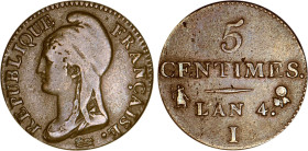 5 CENTIMES
5 CENTIMES, petit module
AN 4 I - TTB 35 (TTB)
Assez Rare !


G 124, F 113, KM# 635
LIMOGES - BRONZE - 4,99g
 ---------------------...