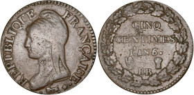 5 CENTIMES
CINQ CENTIMES type Dupré (Directoire)
AN 6 BB - TB 25 (TB++)
6/5 - Assez Rare !


G 126, F 115, KM# 640
STRASBOURG - BRONZE - 
 ---...