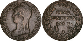 5 CENTIMES
CINQ CENTIMES type Dupré (Directoire)
AN 7 A - TTB 35 (TTB)
7/5, A/B, coq/vase


G 126, F 115, KM# 640
PARIS - BRONZE - 10,21g
 ---...
