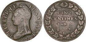 5 CENTIMES
CINQ CENTIMES type Dupré (Consulat)
AN 9 G - TTB 30 (TTB-)
Assez Rare !


G 126b, F 115, KM# 640
GENÈVE - BRONZE - 
 --------------...
