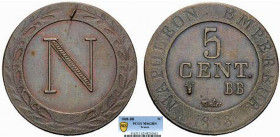 5 CENTIMES
5 CENT. Napoléon Ier "Strasbourg"
1808 BB - SPL 62 (SUP++)
Rarissime en l'état !!!, inf. bavu.
PCGS MS62BN

G 127, KM# 689
STRASBOUR...
