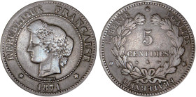 5 CENTIMES
5 CENTIMES type Cérès (défense nationale)
1871 K - TB 25 (TB++)
Rare !


G 157, F 118, KM# 821
BORDEAUX - BRONZE - 
 --------------...