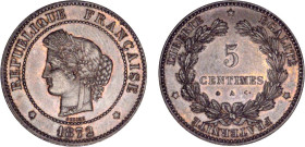 5 CENTIMES
5 CENTIMES type Cérès (IIIe République)
1872 a - SUP 58 (SUP)
Très Rare en l'état !!


G 157a, F 118, KM# 821
PARIS - BRONZE - 
 --...