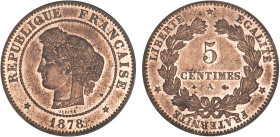 5 CENTIMES
5 CENTIMES type Cérès (IIIe République)
1878 A - SPL 63 (SUP++)
Très Rare en l'état !!


G 157a, F 118, KM# 821
PARIS - BRONZE - 5,0...