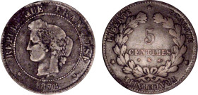 5 CENTIMES
5 CENTIMES type Cérès (IIIe République)
1878 K - TB 15 (TB)
Très Rare !! - voilé


G 157a, F 118, KM# 821
BORDEAUX - BRONZE - 
 ---...