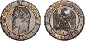 DÉCIME, 10 CENTIMES
DIX CENTIMES Napoléon III, tête laurée
1864 A - SPL 60 (SUP+)
Rare en l'état !


G 253, F 134, KM# 798
PARIS - BRONZE - 9,9...