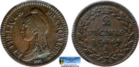 2 DÉCIMES, 20 CENTIMES
2 DÉCIMES
AN 4 A - SUP 50 (SUP-)
PCGS AU53


G 300, F 145, KM# 638
PARIS - BRONZE - 
 ---------------------------------...