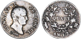 1/4 FRANC, 25 CENTIMES
QUART (de franc) Bonaparte, Ier consul
AN12 M - TTB 30 (TTB-)
Assez Rare !


G 342, F 157, KM# 653
TOULOUSE - ARGENT - ...
