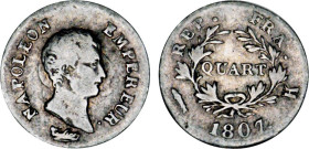 1/4 FRANC, 25 CENTIMES
QUART (de franc) Napoléon empereur (calendrier grégorien)
1807 K - TB 25 (TB++)
7/6, Rarissime !!!


G 347, F 159, KM# 67...