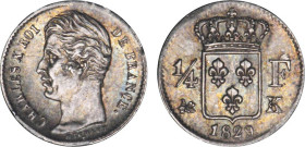 1/4 FRANC, 25 CENTIMES
1/4 F, Charles X
1829 K - SUP 55 (SUP)
Très Rare !! - légers coups listel


G 353, F 164, KM# 722
BORDEAUX - ARGENT - 
...