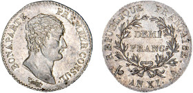 1/2 FRANC, 50 CENTIMES
DEMI FRANC Bonaparte, Ier consul
AN XI A - SPL 60 (SUP+)
Rare surtout en l'état !


G 394, F 173, KM# 648
PARIS - ARGENT...