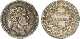 1/2 FRANC, 50 CENTIMES
DEMI FRANC Bonaparte, Ier consul
AN12 I - TTB 45 (TTB++)
Assez Rare ! - infimes cps listel


G 394, F 173, KM# 648
LIMOG...