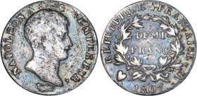 1/2 FRANC, 50 CENTIMES
DEMI FRANC Napoléon empereur (calendrier grégorien)
1807 U - TB 25 (TB++)
Rarissime !!!


G 396, F 175, KM# 671
TURIN - ...