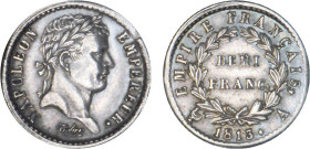 1/2 FRANC, 50 CENTIMES
DEMI FRANC au revers Empire Français
1813 A - SUP 58 (SUP)
nettoyage ancien


G 399, F 178, KM# 691
PARIS - ARGENT - 2,5...