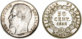 1/2 FRANC, 50 CENTIMES
50 CENT. Louis-Napoléon Bonaparte
1852 A - SUP 53 (SUP-)
légèrement nettoyé


G 412, F 185, KM# 793
PARIS - ARGENT - 
 ...