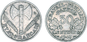 1/2 FRANC, 50 CENTIMES
50 CENTIMES type Bazor (aluminium)
1943 - TTB 45 (TTB++)
Frappe médaille !! - Très Rare !!
Fauté

G 425, F 195, F 196, KM...