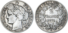 2 FRANCS
2 FRANCS type Cérès (défense nationale)
1871 K - TB 20 (TB+)
Très Rare !!


G 530, F 265, KM# 817
BORDEAUX - ARGENT - 
 -------------...