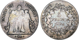 5 FRANCS
5 FRANCS type Union et Force (Directoire), variété "union" serré, grande feuille avec glands
AN 6 L - TB 20 (TB+)
6 sur 5 - Très Rare !!
...