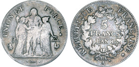 5 FRANCS
5 FRANCS type Union et Force (Consulat), variété "union" serré, grande feuille avec glands
AN 8 A - TB 25 (TB++)
Assez Rare !


G 563a,...