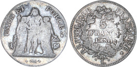 5 FRANCS
5 FRANCS type Union et Force (Consulat), variété "union" serré, grande feuille avec glands intérieurs, sans gland extérieur
AN11 L - TB 25 ...