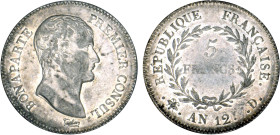 5 FRANCS
5 FRANCS Bonaparte Ier consul
AN12 D - SUP 50 (SUP-)
Rare ! - légère faiblesse R/:


G 577, F 301, KM# 650, 659
LYON - ARGENT - 24,87g...