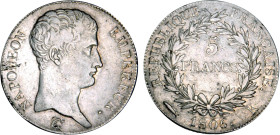 5 FRANCS
5 FRANCS Napoléon empereur (calendrier grégorien)
1806 K - TTB 35 (TTB)
Très Rare !!, infimes coups tranche


G 581, F 304, KM# 673
BO...