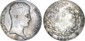 5 FRANCS
5 FRANCS Napoléon empereur (calendrier grégorien)
1807 B - TB 15 (TB)
Très Rare !!


G 581, F 304, KM# 673
ROUEN - ARGENT - 
 -------...