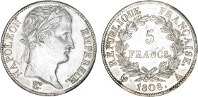 5 FRANCS
5 FRANCS Napoléon tête laurée, au revers République Française
1808 A - SUP 58 (SUP)
brossé


G 583, F 306, KM# 686
PARIS - ARGENT - 
...