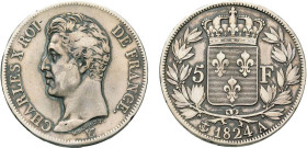5 FRANCS
5 F, Charles X 1er type
1824 A - TTB 30 (TTB-)
Rare ! - nettoyé


G 643, F 310, KM# 720
PARIS - ARGENT - 24,61g
 --------------------...