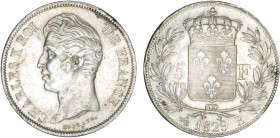 5 FRANCS
5 F, Charles X 2e type
1829 B - SUP 58 (SUP)
quelques hairlines


G 644, F 311, KM# 728
ROUEN - ARGENT - 
 --------------------------...