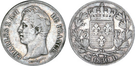 5 FRANCS
5 F, Charles X 2e type
1830 D - TB 25 (TB++)
Très Rare !!


G 644, F 311, KM# 728
LYON - ARGENT - 
 ---------------------------------...