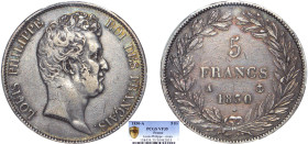 5 FRANCS
5 FRANCS Louis-Philippe, tête nue, variété sans le I, tranche en creux
1830 A - TTB 35 (TTB)
Rare ! - PCGS VF35


G 675, F 313, KM# 737...