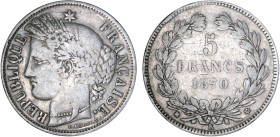 5 FRANCS
5 FRANCS type Cérès, sans légende
1870 K - TB 25 (TB++)
* E.A. - M à 10h - Rare !


G 742, F 332, KM# 818
BORDEAUX - ARGENT - 
 -----...