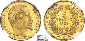 5 FRANCS OR
5 FRANCS or, Napoléon III tête nue, petit module, tranche lisse
1854 A - FDC 64 (FDC)
Très Rare en l'état !! - NGC MS64


G 1000, F ...