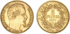 5 FRANCS OR
5 FRANCS or, Napoléon III tête nue, petit module, tranche cannelée
1854 A - SUP 50 (SUP-)



G 1000, F 500A, KM# 783, Fr# 578
PARIS...
