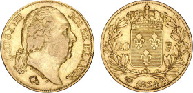 20 FRANCS OR
20 FRANCS or, Louis XVIII buste nu
1824 MA - TTB 45 (TTB++)
Rarissime !!!


G 1028, F 519, KM# 712, Fr# 538-46
MARSEILLE - OR - 6,...