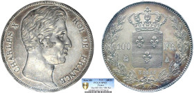 100 FRANCS OR
100 FRANCS or, Charles X - ESSAI de Tiolier, var. A/: G 1121, R/: G1122
A - SPL 62 (SUP++)
Cu. argenté - Inédit !!!, PCGS SP62

G 1...