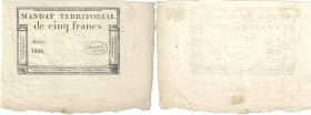ASSIGNATS
Monnaies auxiliaires : Mandat territorial de cinq Francs, 1re émission, sans cachet (24 frimaire An VI)
An VI - TTB 35 (TTB)
Rarissime !!...