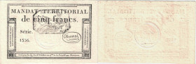 ASSIGNATS
Monnaies auxiliaires : Mandat territorial de 5 Francs, 2e émission avec cachet noir (23-25 floréal An VI)
An VI - UNC 64 (NEUF)
Rare surt...