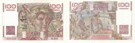 BANQUE DE FRANCE - XXe SIÈCLE
100 FRANCS (JEUNE PAYSAN) filigrane inversé
1953 - UNC 64 (NEUF)
6-8, Rare !, infi. taches & compt.
K.552

FA 28bi...
