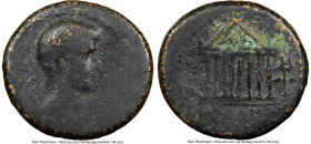 LYDIA. Tralles. Augustus (27 BC-AD 14). AE (24mm, 12h). NGC VG. Bare head of Augustus right / ΚΑΙΣΑΡΕΩΝ / ΜΕΝΑΝΔΡΟΥ / ΠΑΡΡΑΣΙΟΥ, octastyle temple, eag...