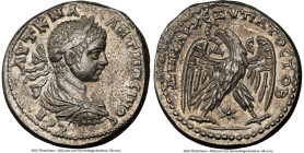 SYRIA. Antioch. Elagabalus (AD 218-222). BI tetradrachm (26mm, 12h). NGC AU. Unknown engravers, dotted wings series, AD 219. AYT K M A•••ANTWNЄINOC-CЄ...