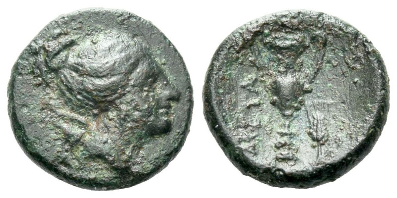 Lucania, Metapontum Bronze circa 225-200, Æ 12.00 mm., 1.58 g.
Bust of Artemis ...