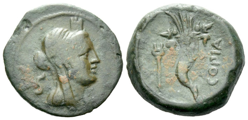 Lucania, Thurium as Copiae Semis circa 193-150, Æ 20.00 mm., 5.28 g.
Turreted a...