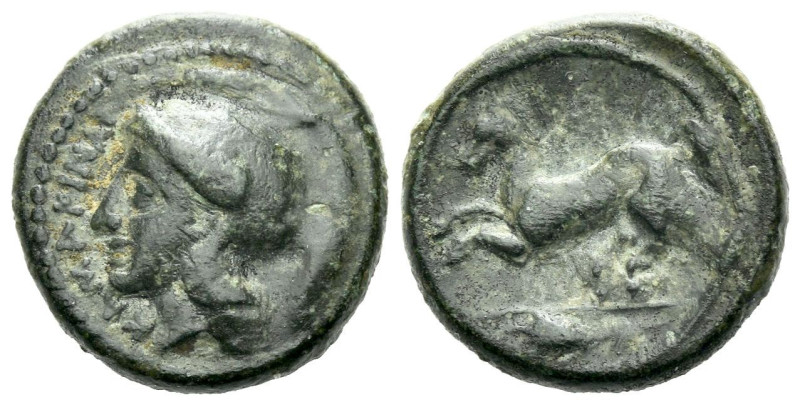 Sicily, Camarina Tetras circa 339-late IV century, Æ 16.00 mm., 3.86 g.
Helmete...