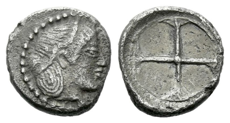 Sicily, Syracuse Obol circa 480-470, AR 9.00 mm., 0.63 g.
Peal-diademed head of...