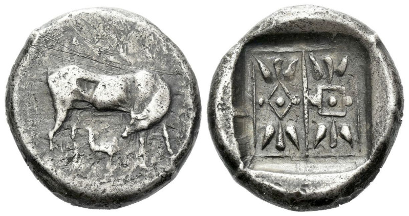 Epirus, Corcyra Stater circa 500-450, AR 21.00 mm., 10.75 g.
Cow r. suckling ca...
